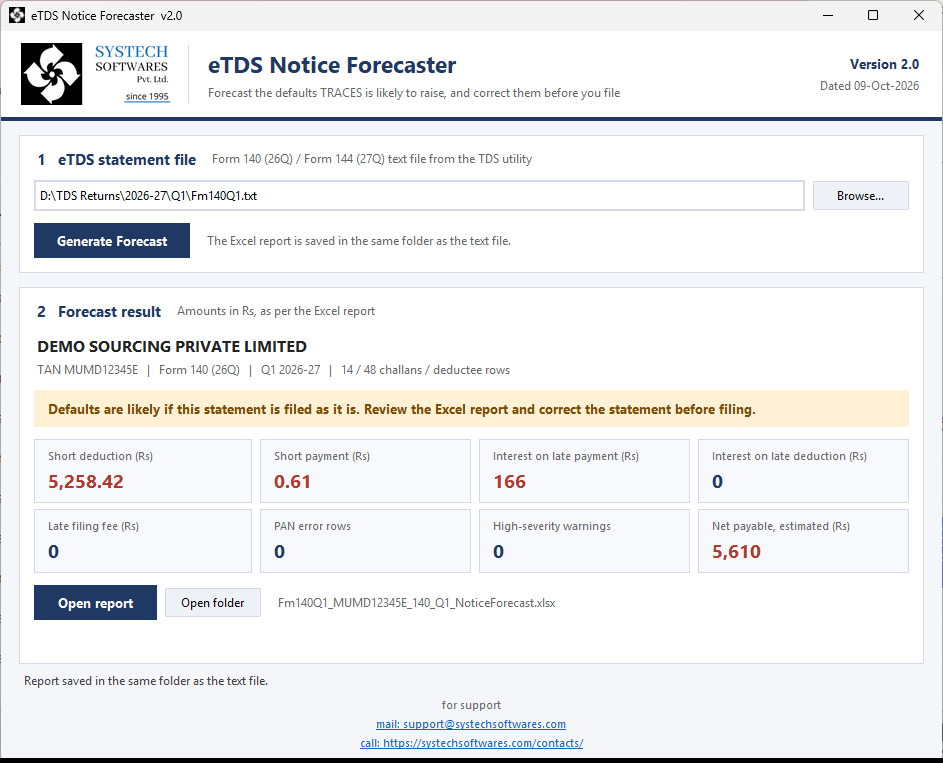 eTDS Notice Forecaster window showing a forecast for a sample statement: short deduction Rs 5,258.42, short payment Rs 0.61, interest on late payment Rs 166 and net payable Rs 5,610